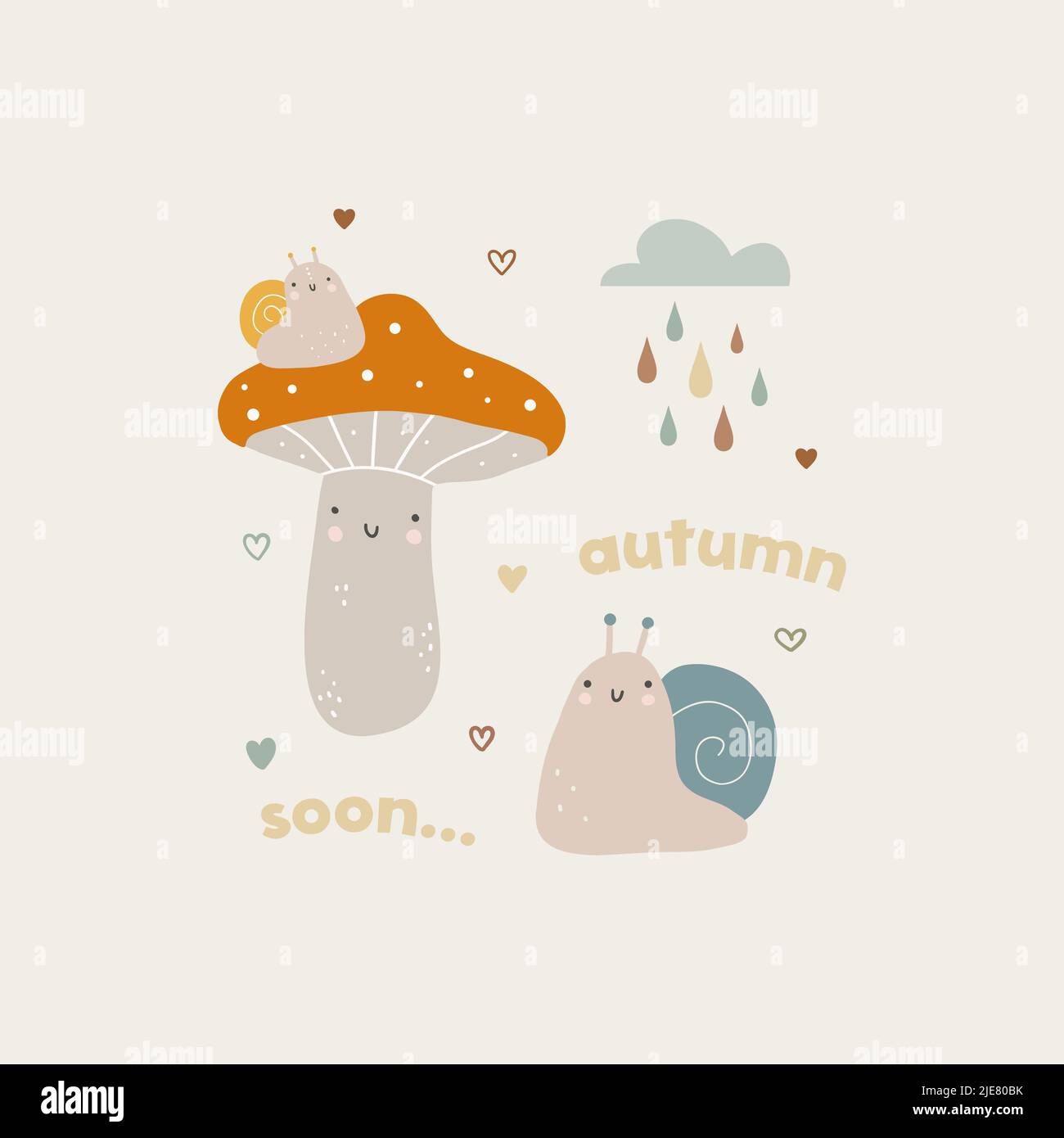 Illustration vectorielle de personnages représentant des champignons et des escargots. Joli imprimé caricaturer avec lettres - automne bientôt. Vecteur de couleur dessinée à la main pour les enfants Illustration de Vecteur