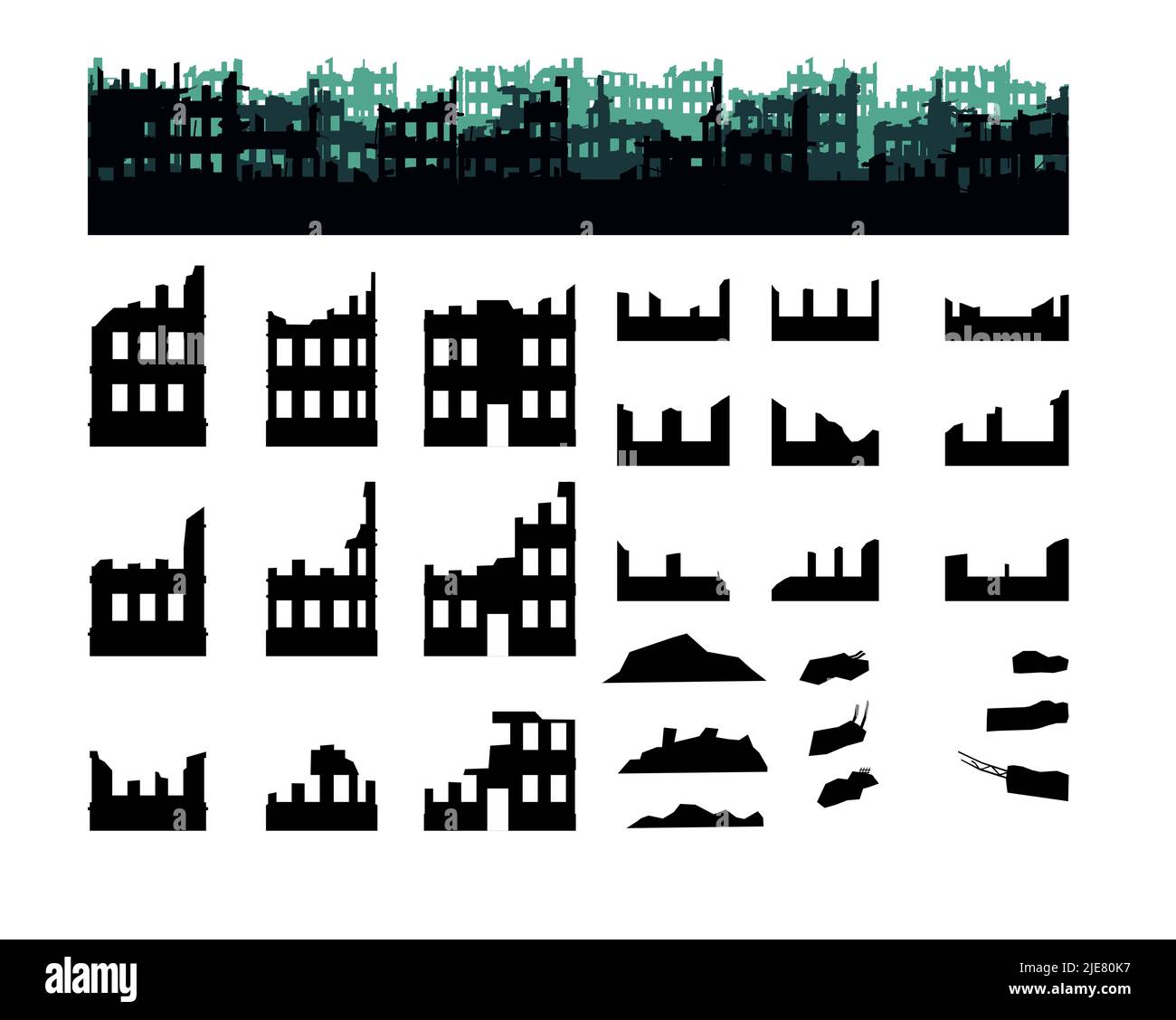 Ensemble de maisons et de débris. Ville en ruines. Apocalypse naturel ou guerre. Isolé sur fond blanc. Triste paysage de destruction. Vecteur. Illustration de Vecteur