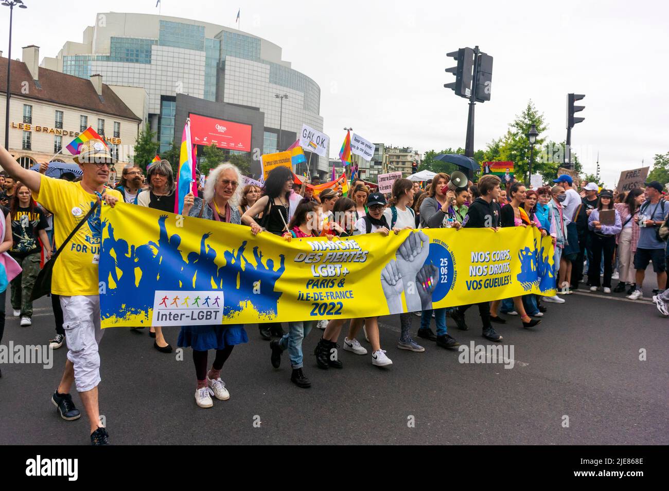 Paris, France, foule nombreuse, marche dans la gay Pride / Marche LGBTQI, avec bannière de protestation, solidarité Ukraine, marche pour les droits des homosexuels Banque D'Images