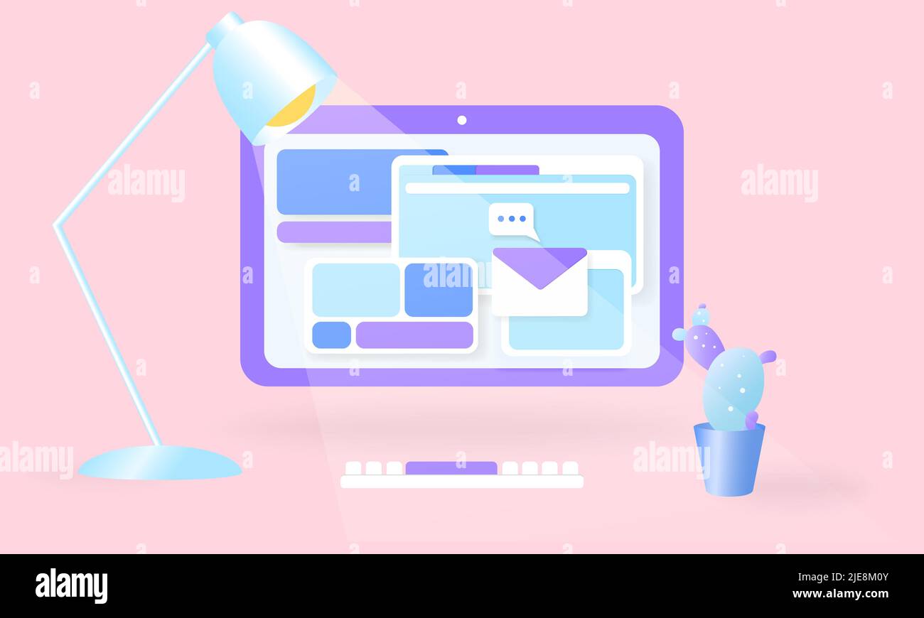 Travail avec écran d'ordinateur avec fenêtres Web. 3d illustration vectorielle. Bureau, ordinateur, cactus, clavier, lampe. Recherche en ligne. Illustration de Vecteur