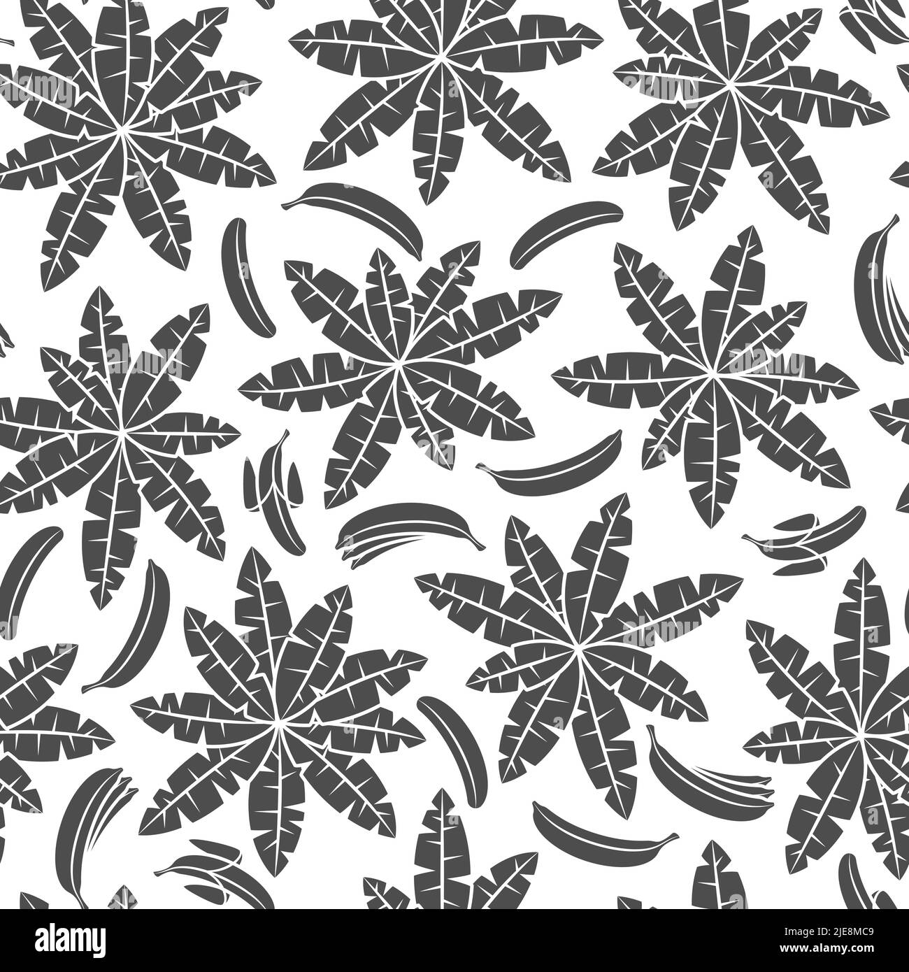 Motif sans couture avec paume et bananes noires et blanches. Arrière-plan vectoriel tropical avec objets isolés sur fond blanc. Illustration de Vecteur