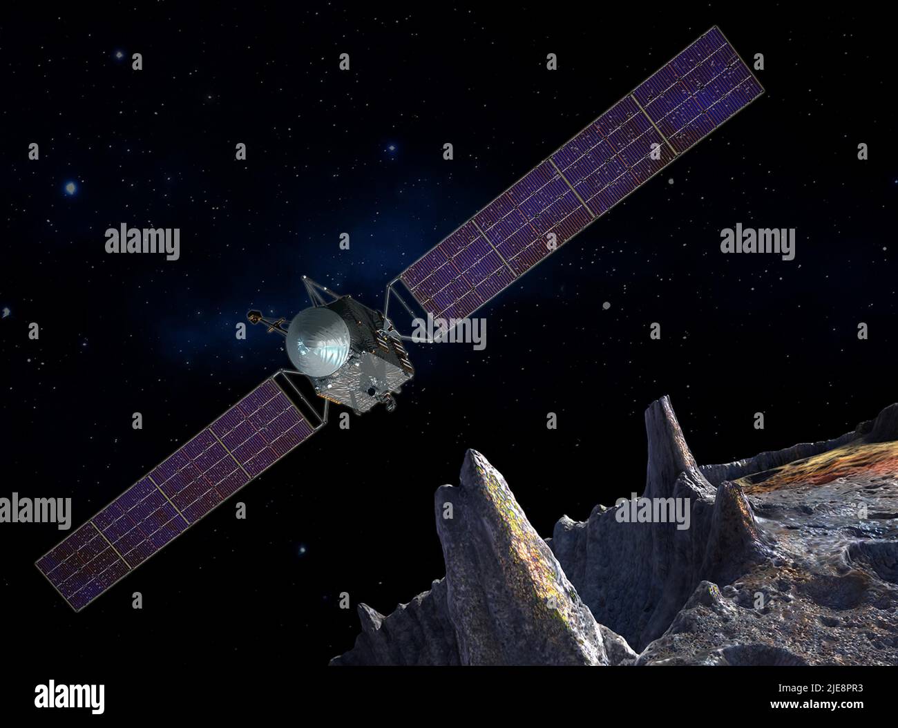 Le concept de l'artiste de l'engin spatial psychique avec cinq panneaux cette illustration du concept de l'artiste représente l'engin spatial de la mission psychique de la NASA près de la cible de la mission, l'astéroïde métallique psyché. L'œuvre a été créée en mai 2017 pour montrer les panneaux solaires à cinq panneaux prévus pour l'engin spatial. La structure de l'engin spatial comprendra des systèmes de puissance et de propulsion pour se rendre à l'astéroïde et l'orbiter. Ces systèmes combineront l'énergie solaire et la propulsion électrique pour transporter les instruments scientifiques utilisés pour étudier l'astéroïde dans l'espace. La mission prévoit le lancement en 2022 et l'arrivée à Psyc Banque D'Images