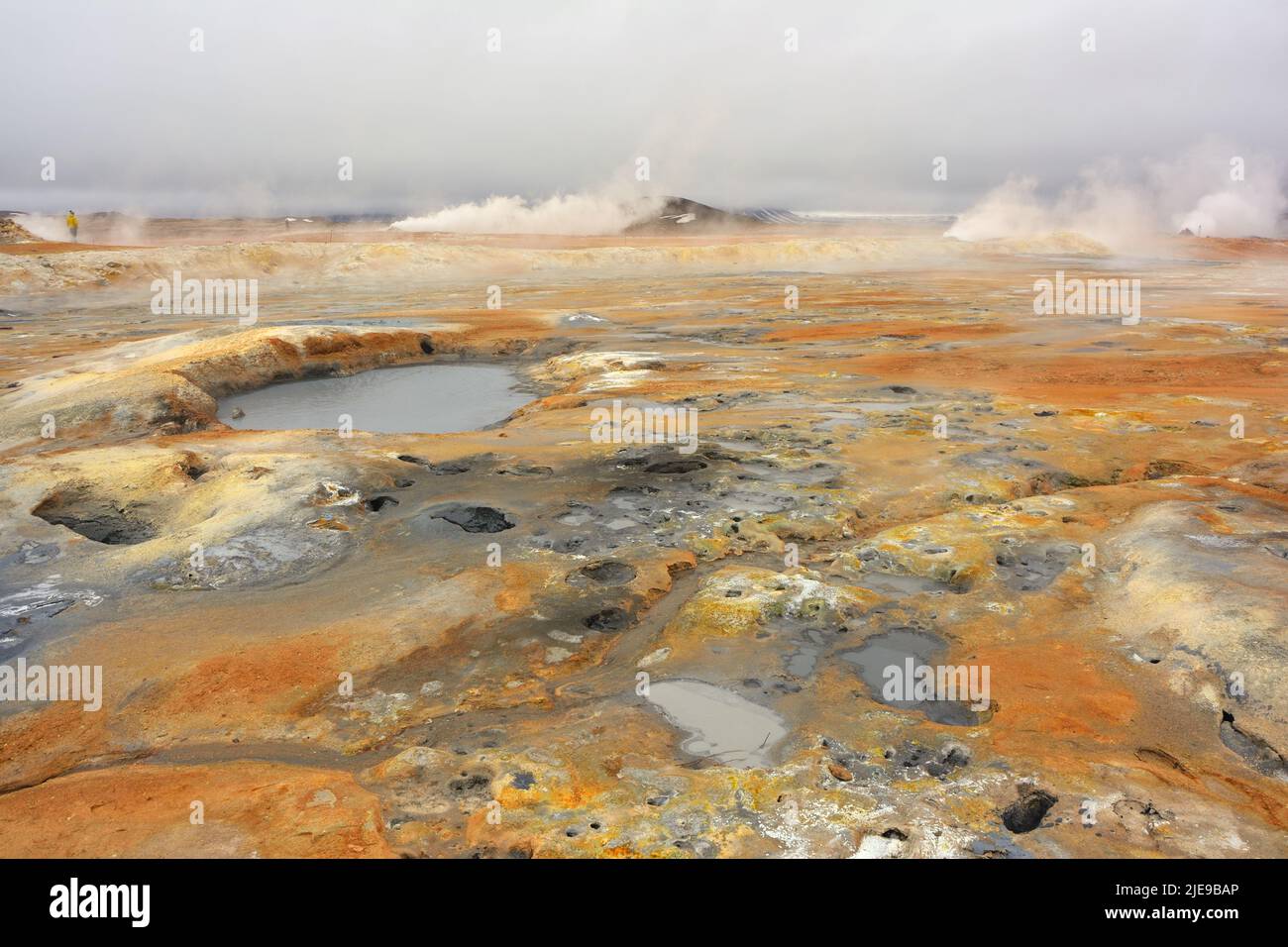 Boue bouillonnante et fumeroles dans la zone géothermique de Hverir. Myvatn, Islande Banque D'Images