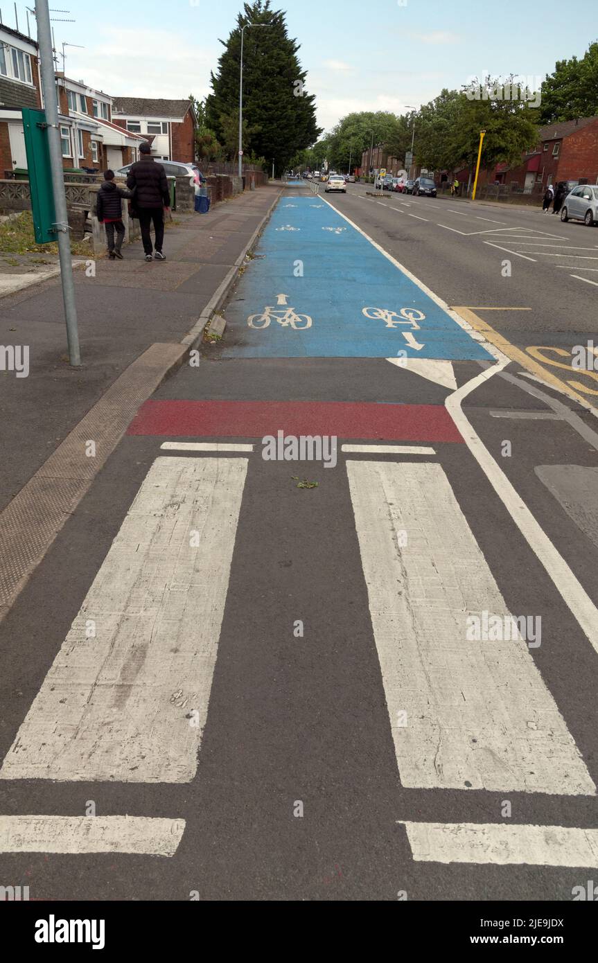 Piste cyclable. Des marquages routiers pour l'arrêt de bus traversant la piste cyclable, près du centre-ville de Cardiff Banque D'Images