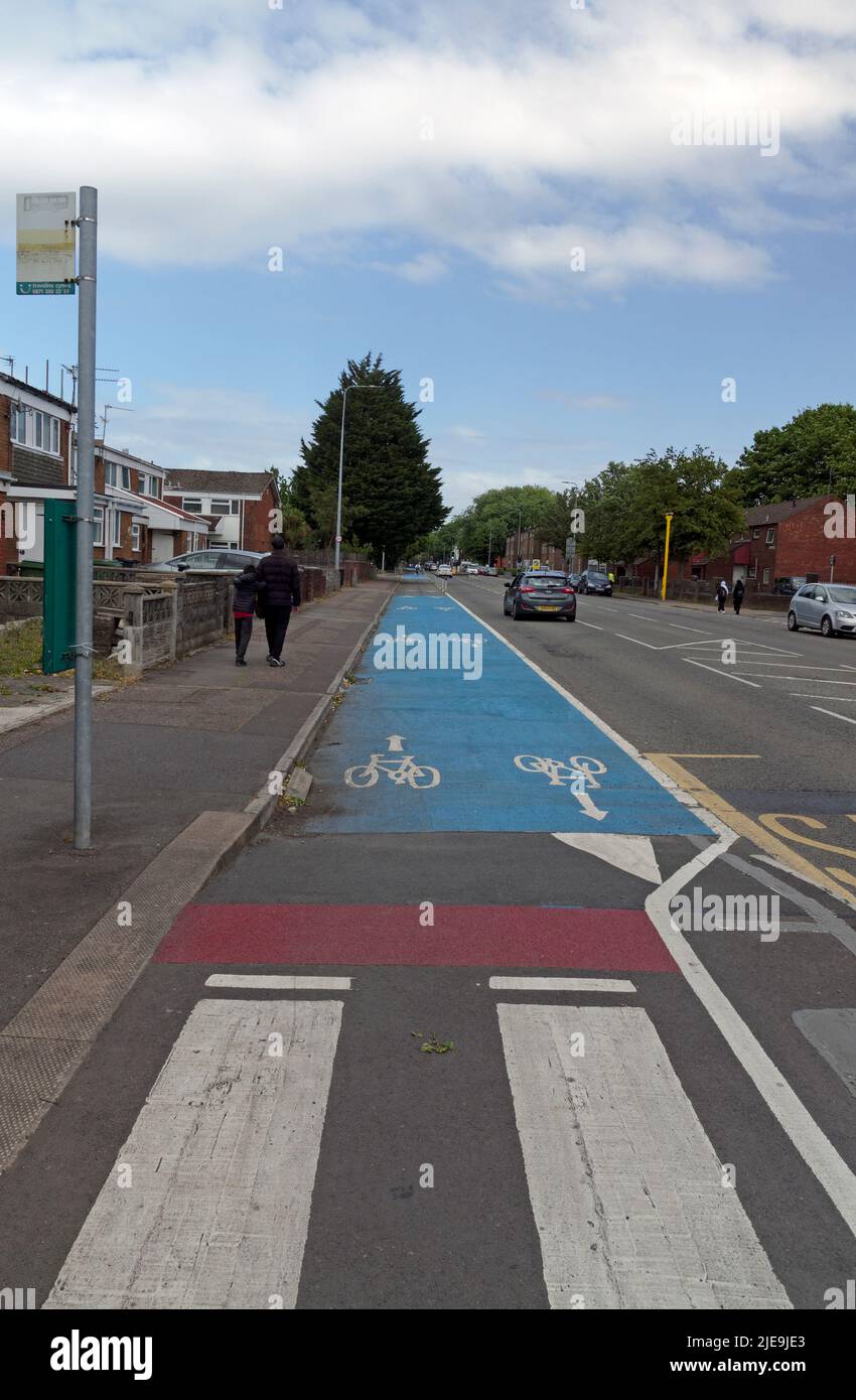 Piste cyclable. Des marquages routiers pour l'arrêt de bus traversant la piste cyclable, près du centre-ville de Cardiff Banque D'Images