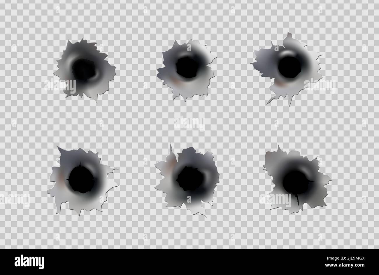 Trous de balle de pistolet ou de pistolet. Photographiez en métal à trou simple ou double. Dommages et fissures sur la surface. Vecteur isolé en arrière-plan Illustration de Vecteur