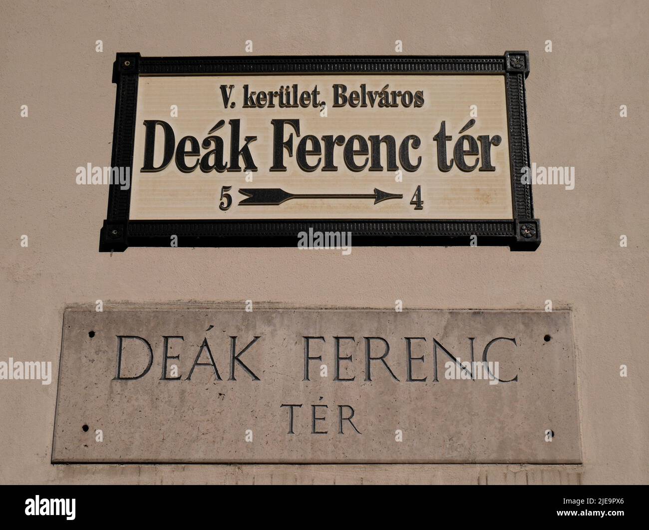 Panneau de rue, panneau de route, Deak Ferenc ter, Budapest, Hongrie Banque D'Images