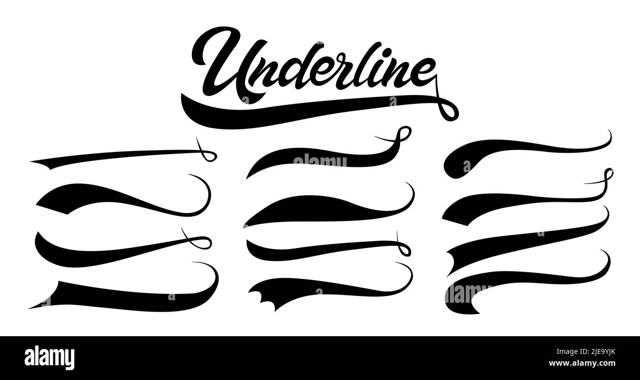Jeu de queue de snoosh calligraphique, scrocs de marquage de soulignement. Éléments typographiques du logo sport. Queue de lettres à texte pour lettrage ou club de baseball. Vecteur Illustration de Vecteur