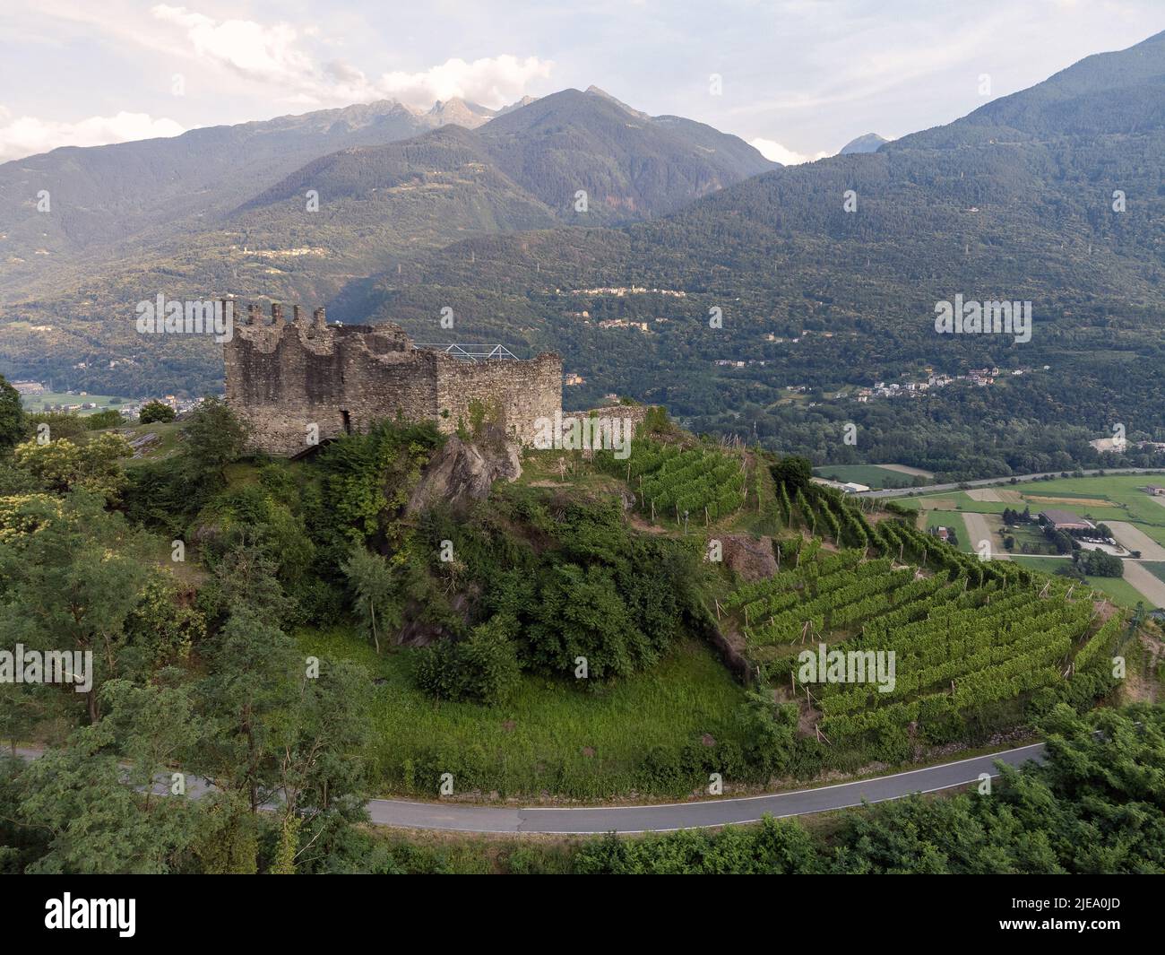Vue aérienne - vignobles en terrasse dans les collines de Valtellina plantés près des monuments et des ruines médiévales - Sondrio, Lombardie, Italie Banque D'Images