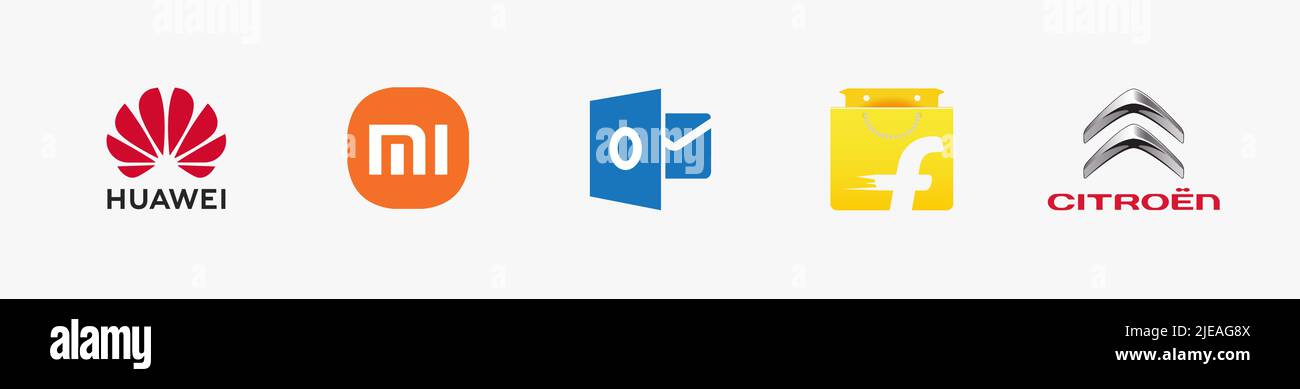 Ensemble de logos technologiques : logo Flipkart, logo Huawei, logo CITROEN 2009, logo Outlook, logo Xiaomi New 2021, illustration vectorielle du logo Technology. Illustration de Vecteur