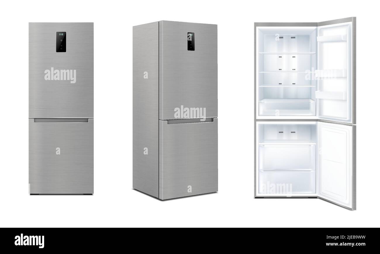 Ensemble de réfrigérateurs de cuisine réalistes avec porte ouverte et fermée, réfrigérateur-machine isolé, congélateur. Appareil Vector Kitchen 3D avec affichage numérique, Illustration de Vecteur