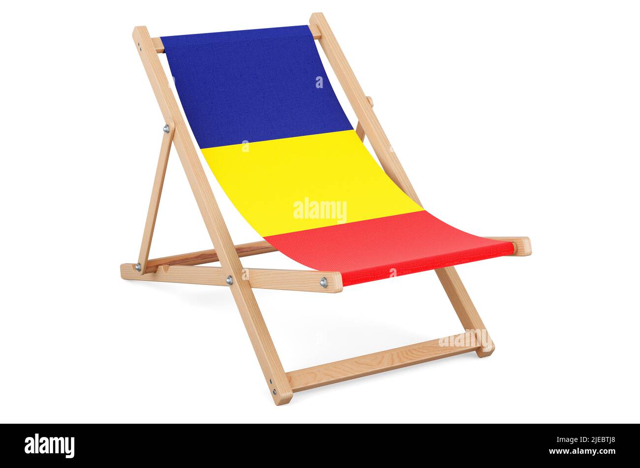 Chaise longue avec drapeau roumain. Vacances en Roumanie, visites, forfaits voyage, concept. 3D rendu isolé sur fond blanc Banque D'Images