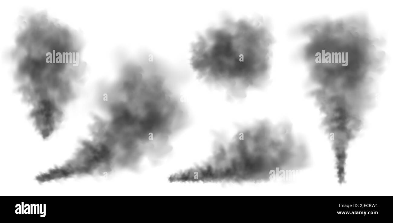 Fumée réaliste noire, nuages de poussière isolés sur fond blanc. Pollution par le smog ou le brouillard sale. Pollution de l'air, effet de brume. Fumée provenant d'un incendie ou d'une explosion Illustration de Vecteur