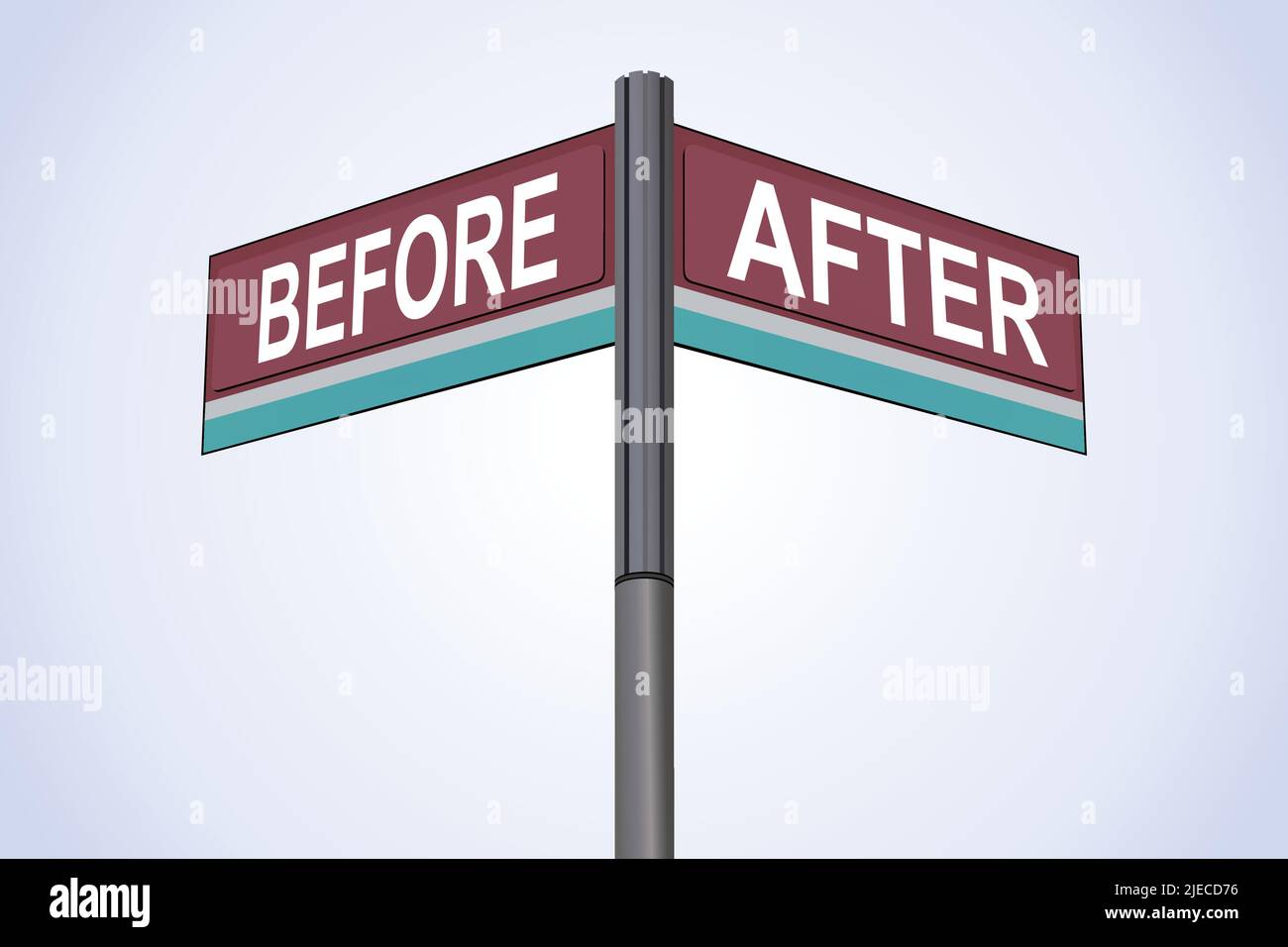 Avant d'un côté et après l'autre direction, panneau de signalisation chromé, avec étiquettes de direction en vert et de lecture, fond de craie bleu. Illustration de Vecteur