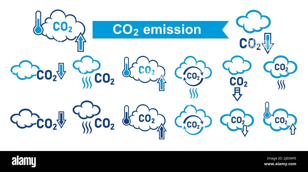 CO2 réduction des émissions, dioxyde de carbone réduction des gaz à effet de serre ensemble d'icônes. Faible pollution de l'air par la fumée carbonique. Nuage de smog. Contamination de l'atmosphère. Vecteur Illustration de Vecteur