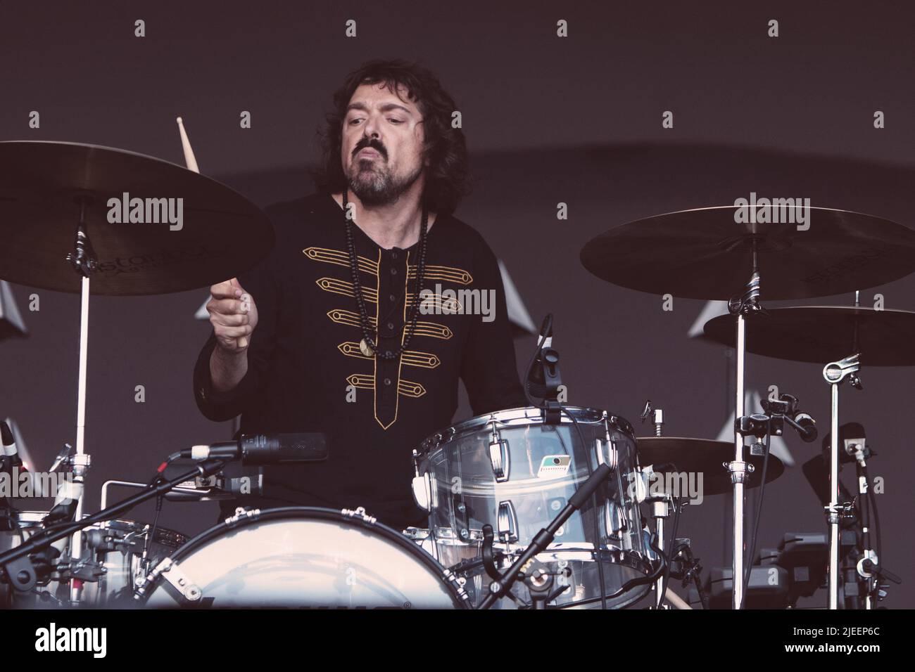 Londres, Royaume-Uni. 02nd juin 2018. Le batteur Charlie Hall of the War on Drugs se produit sur scène à All points East au Victoria Park à Londres. (Photo de Valeria Magri/SOPA Images/Sipa USA) crédit: SIPA USA/Alay Live News Banque D'Images