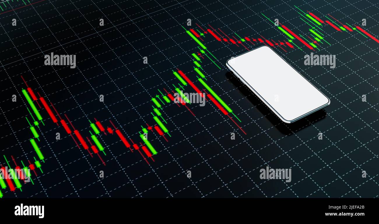 Maquette de smartphone avec applications de trading conçues, rendu de 3D illustrations Banque D'Images