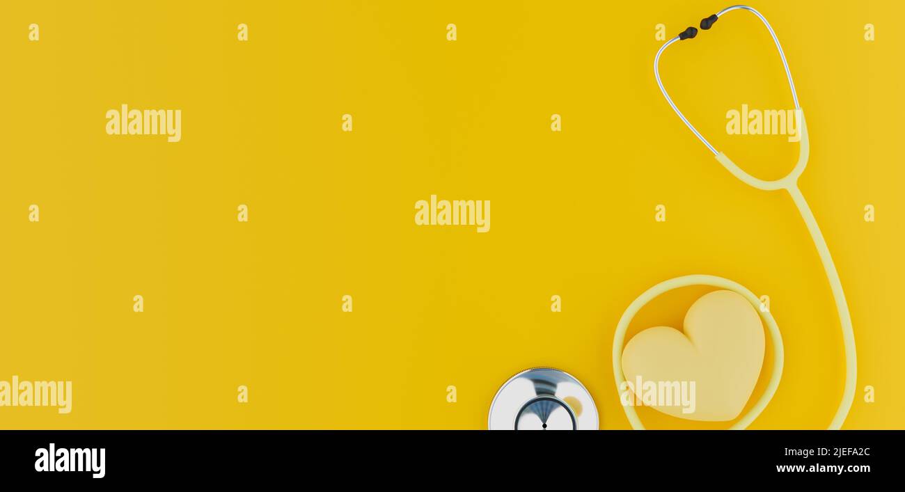 Cœur et stéthoscope sur fond jaune, rendu de 3D illustrations Banque D'Images
