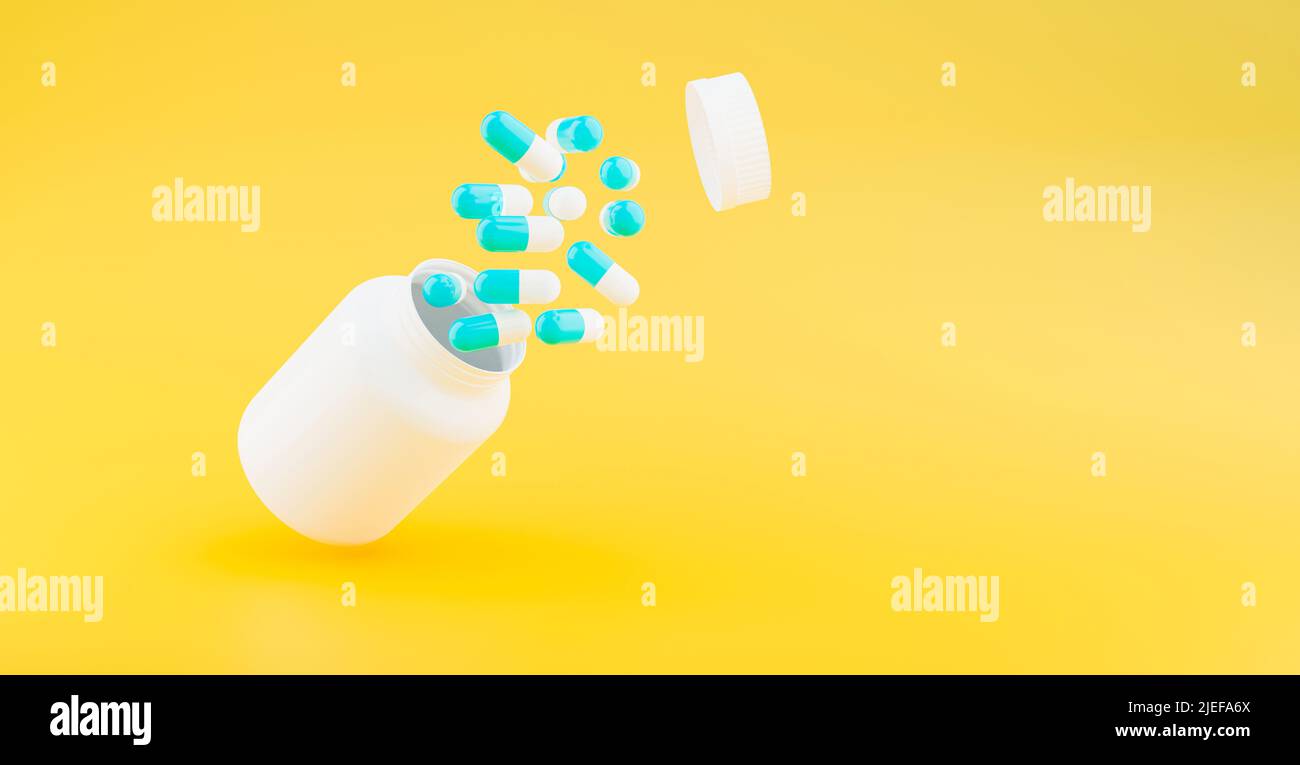 Capsules de médicament bleu et blanc avec conteneur de médicament, 3D images de rendu Banque D'Images