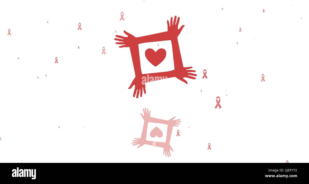 Illustration du cœur avec les mains formant une forme carrée et des rubans de sensibilisation rouges sur fond blanc Banque D'Images