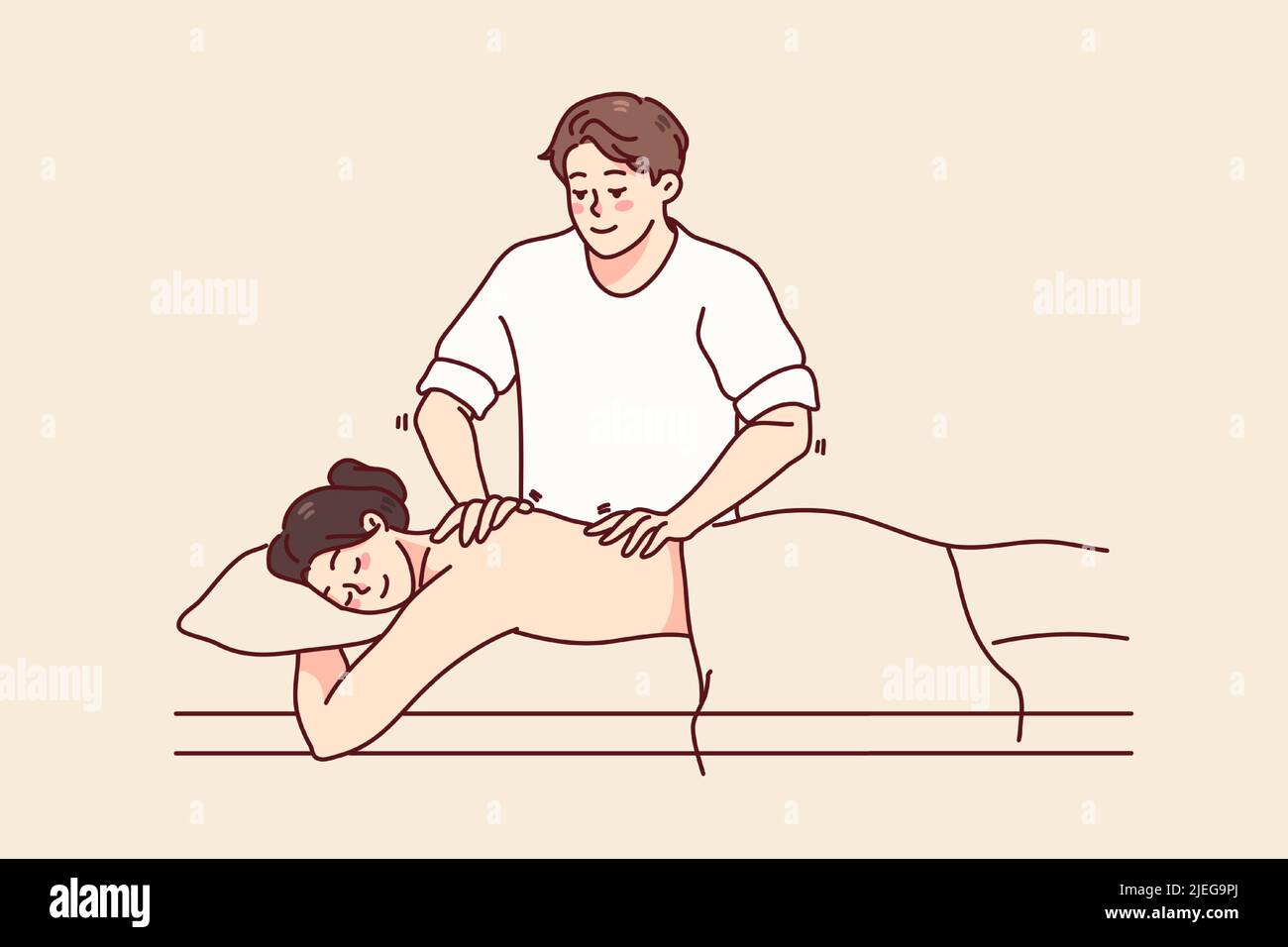 Un médecin de sexe masculin fait un massage du dos à une cliente de sexe féminin au spa ou au salon de beauté. Le masseur aide la femme patiente avec mal de dos, revivez la douleur musculaire. Santé et bien-être. Illustration vectorielle. Illustration de Vecteur