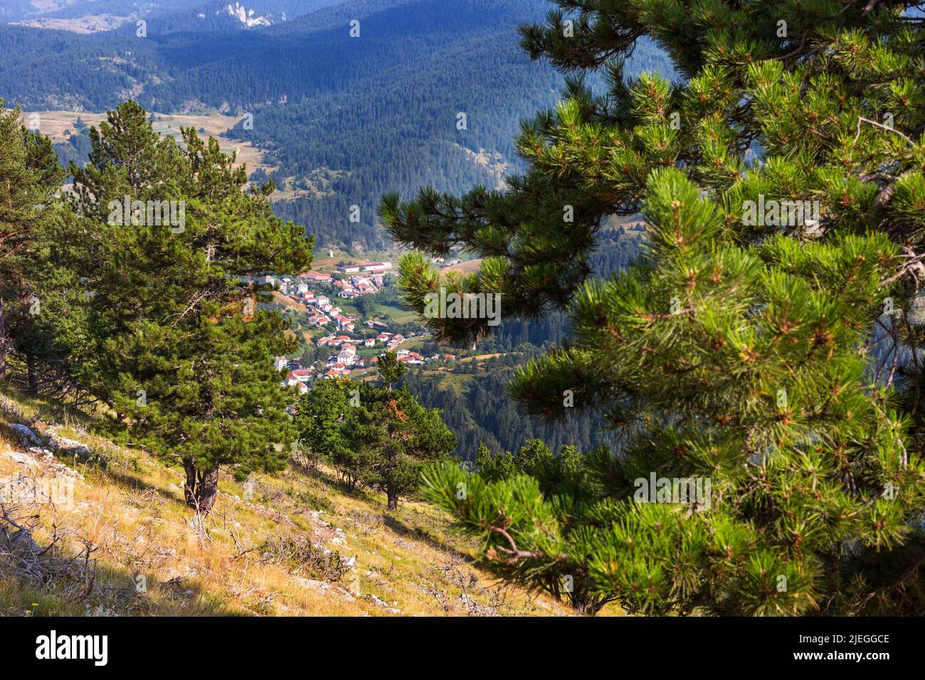 Vue sur le petit village bulgare de Rhodope. Montagnes et forêts paysage à l'arrière-plan Banque D'Images