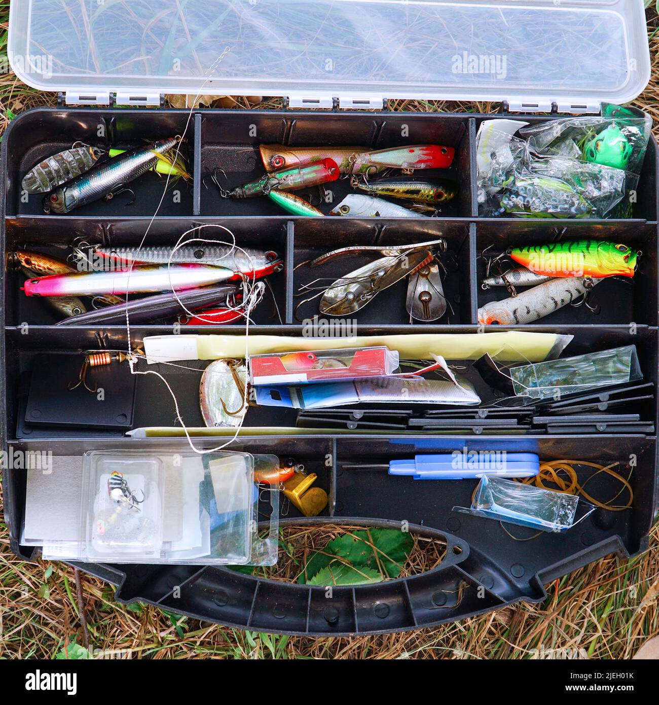Spinners, wobblers, divers matériel de pêche dans une boîte Banque D'Images