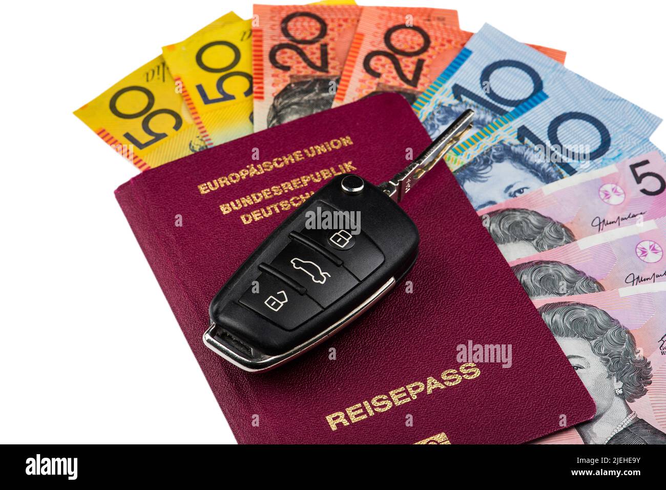 Austrische Dollarscheine mit Geldbörse, Schlüssel, Rent a car, Mietwagen, Reisepass, Autrör, Australite, Autrör, Banque D'Images