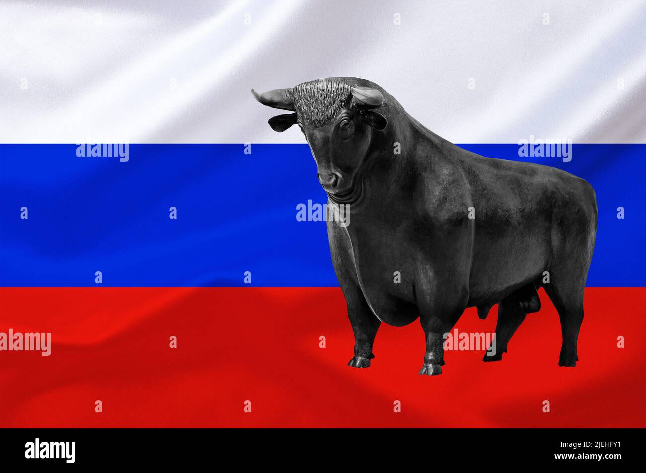 Börse, Aktien, Aktienkurse, Bullenmarkt, Steigende Kurse, Flagge, Nationalfahne, bulle, Russische Förderation, RTS, Système commercial russe, Börse in Banque D'Images