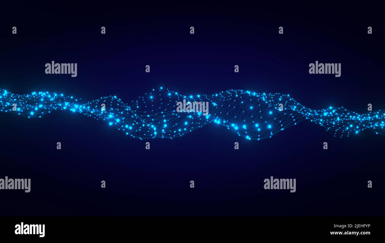 Technologie et communication avec points connectés sur un paysage à 3D vagues. Télécommunications, science des données, particules, monde numérique, virtuel r Banque D'Images