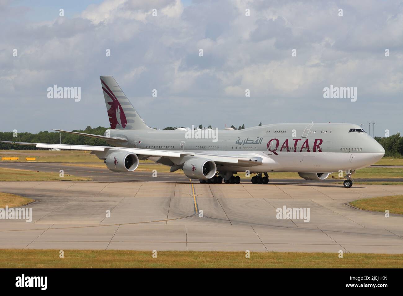 A7-HHF, Qatar Airways, vol Amiri Boeing B747-800, au départ de l'aéroport de Stansted, Essex, Royaume-Uni Banque D'Images