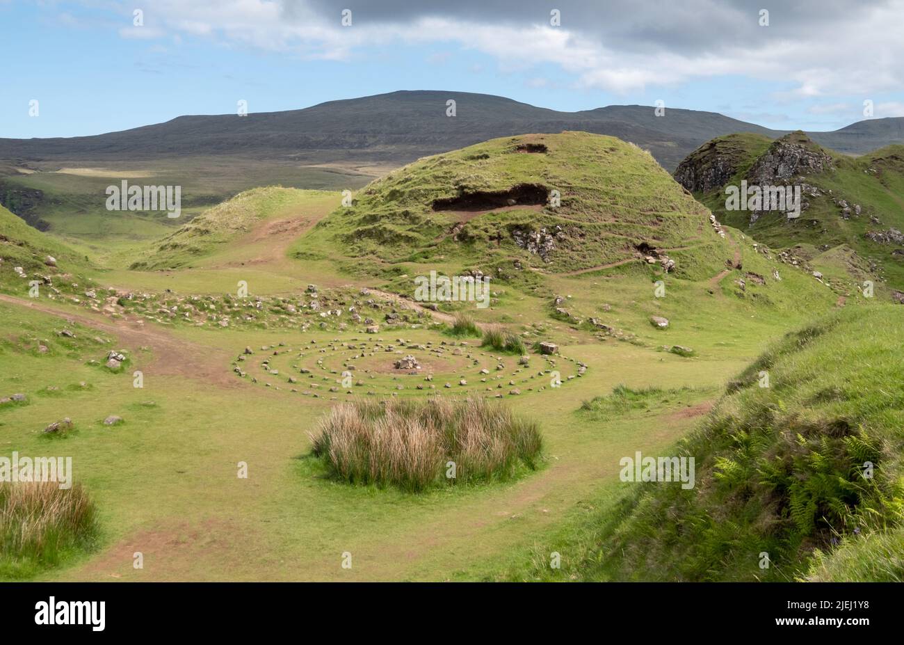 Cercle de pierres créé par les touristes à Fairy Glen sur la péninsule Trotternish, île d'Uig de Skye, Écosse Royaume-Uni. Banque D'Images