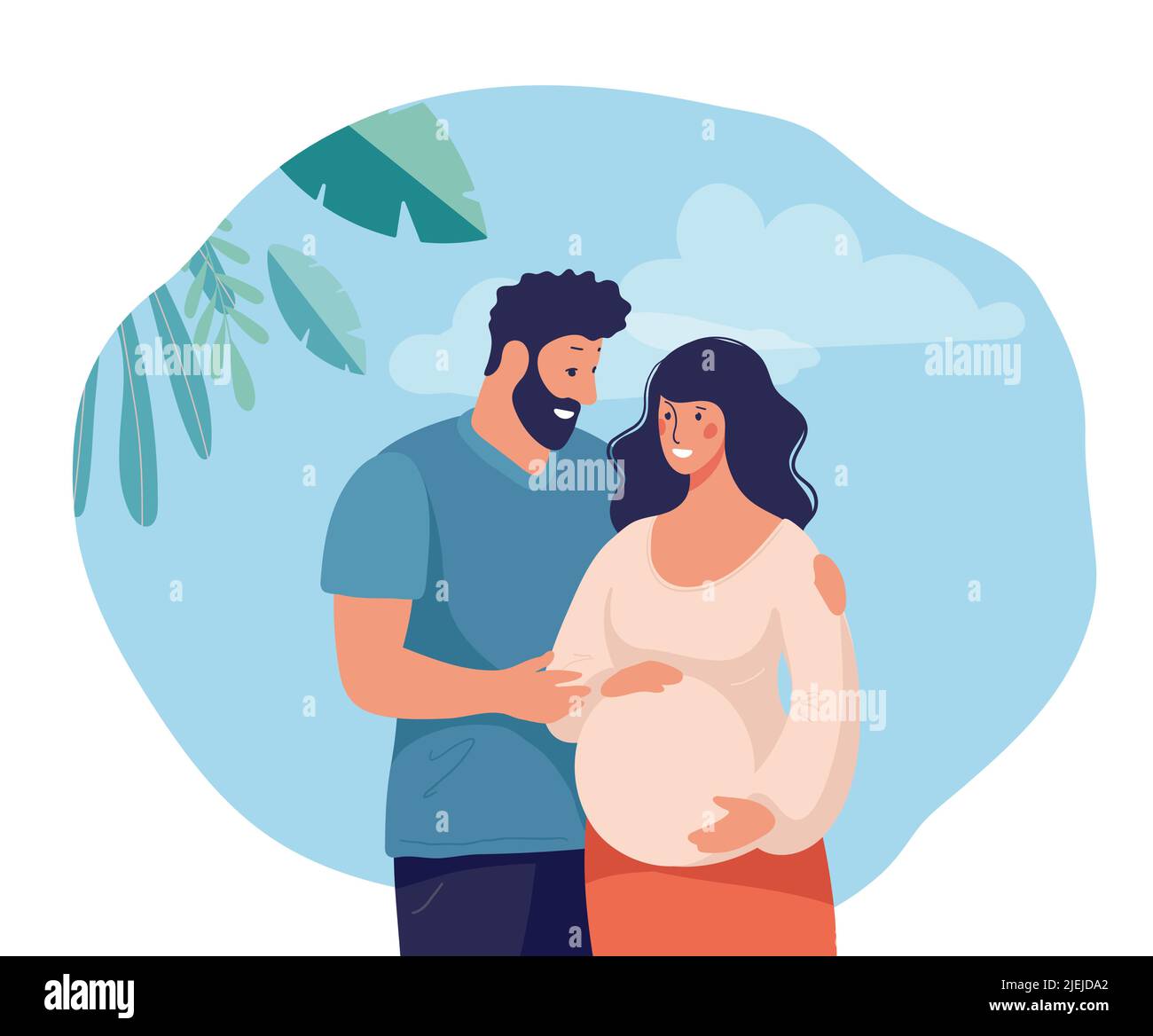 Un jeune couple heureux et marié attend un bébé. Une femme enceinte avec un conjoint ou un mari. Le concept de grossesse, de famille, de maternité, de parentalité. FLA Illustration de Vecteur