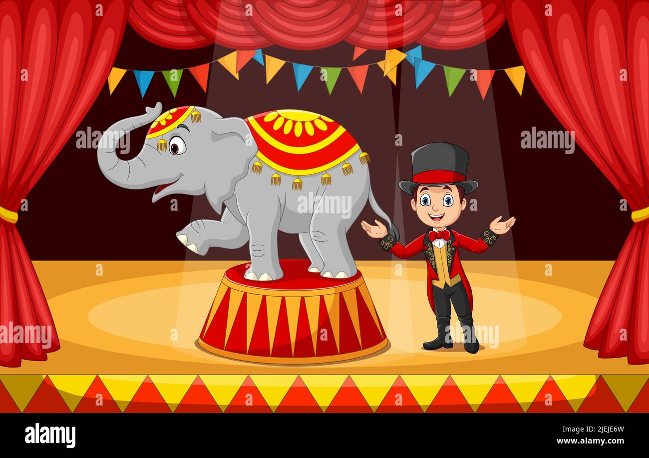 Tamère de cirque avec éléphant sur scène Illustration de Vecteur