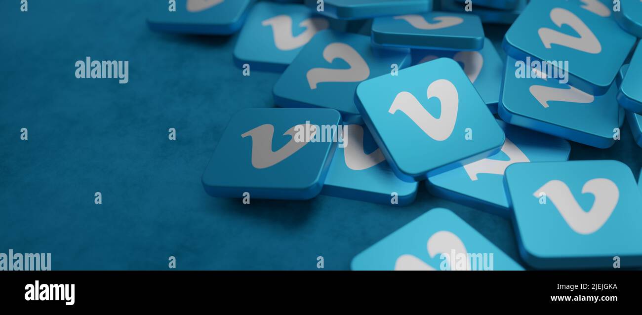 Bannière du logo Vimeo tuiles dispersées avec espace de copie 3D Illustration Banque D'Images
