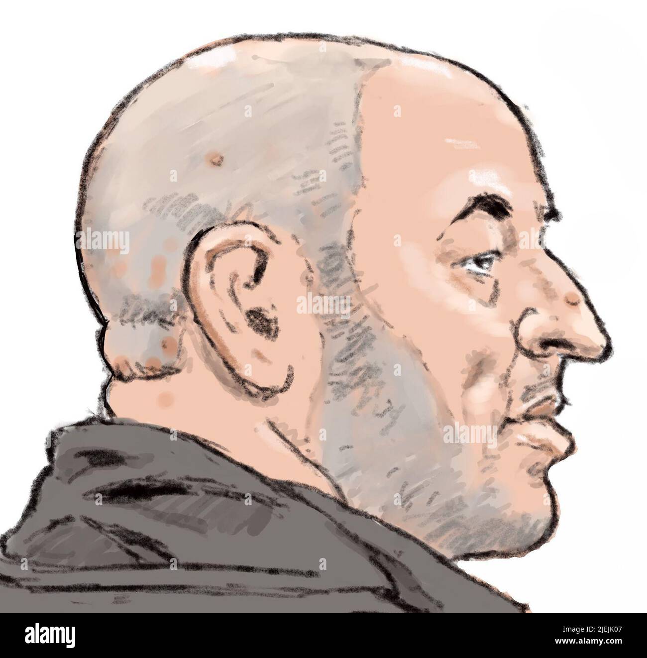 2022-06-27 14:46:25 ARNHEM - extrait de dessin de cour de principal suspect Ali G. dans l'affaire d'extorsion de Groot Fresh Group Hedel. Dans le cadre de cette enquête, plusieurs suspects sont jugés pour une série d'extorsions et de menaces contre les employés du groupe de fruits frais de Groot de Hedel. ANP ALOYS OOSTERWIJK pays-bas hors - belgique hors Banque D'Images