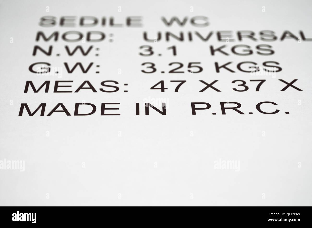 Fabriqué en RPC / fabriqué en Chine et informations sur le produit imprimées sur une boîte en carton Banque D'Images