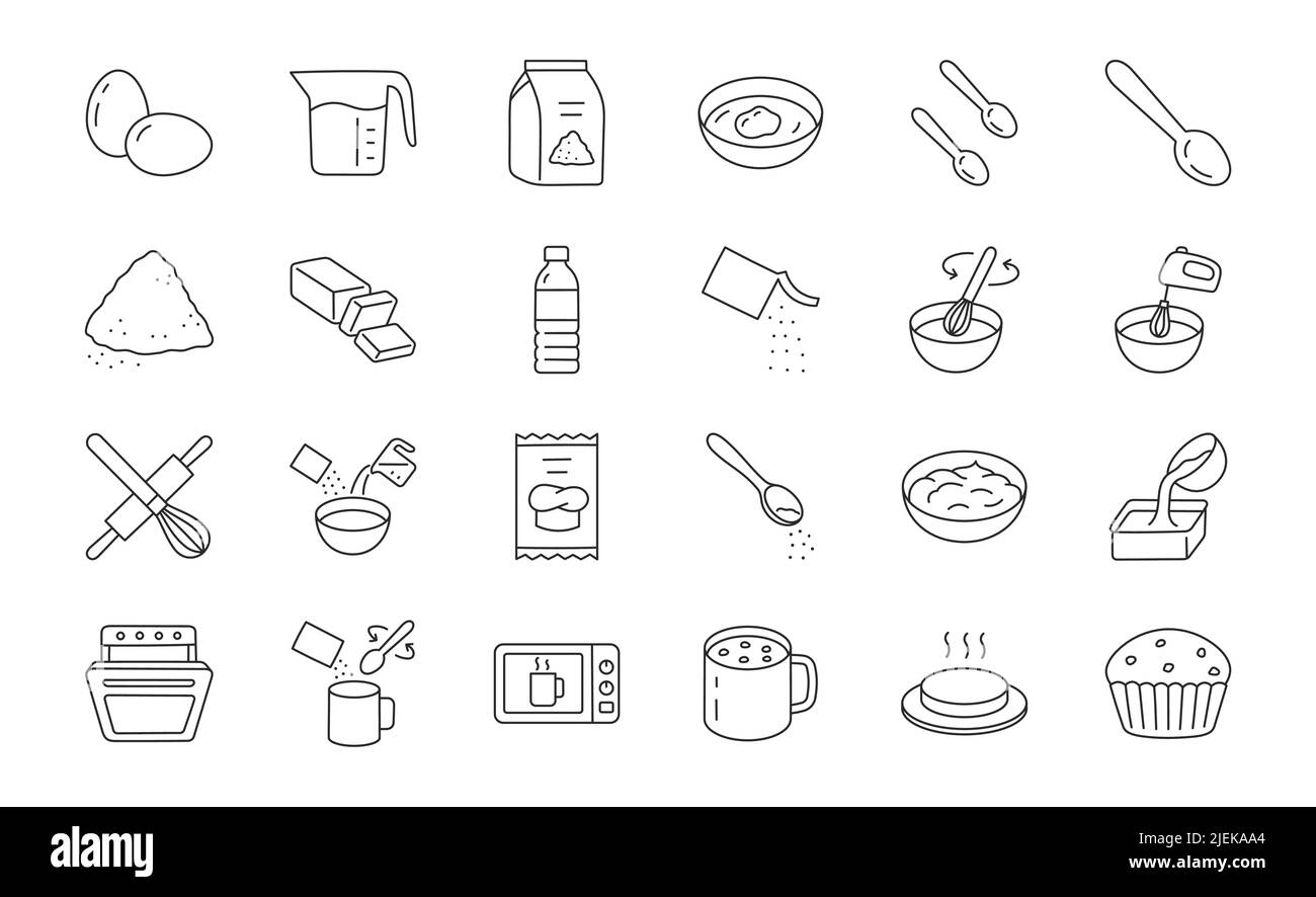 Illustration de doodle de mélanges à cuire comprenant des icônes - eau, ingrédient de muffin, bol, pâte, œuf, fouet, poêle, beurre fondu, cuillère, sachet. Illustration de Vecteur