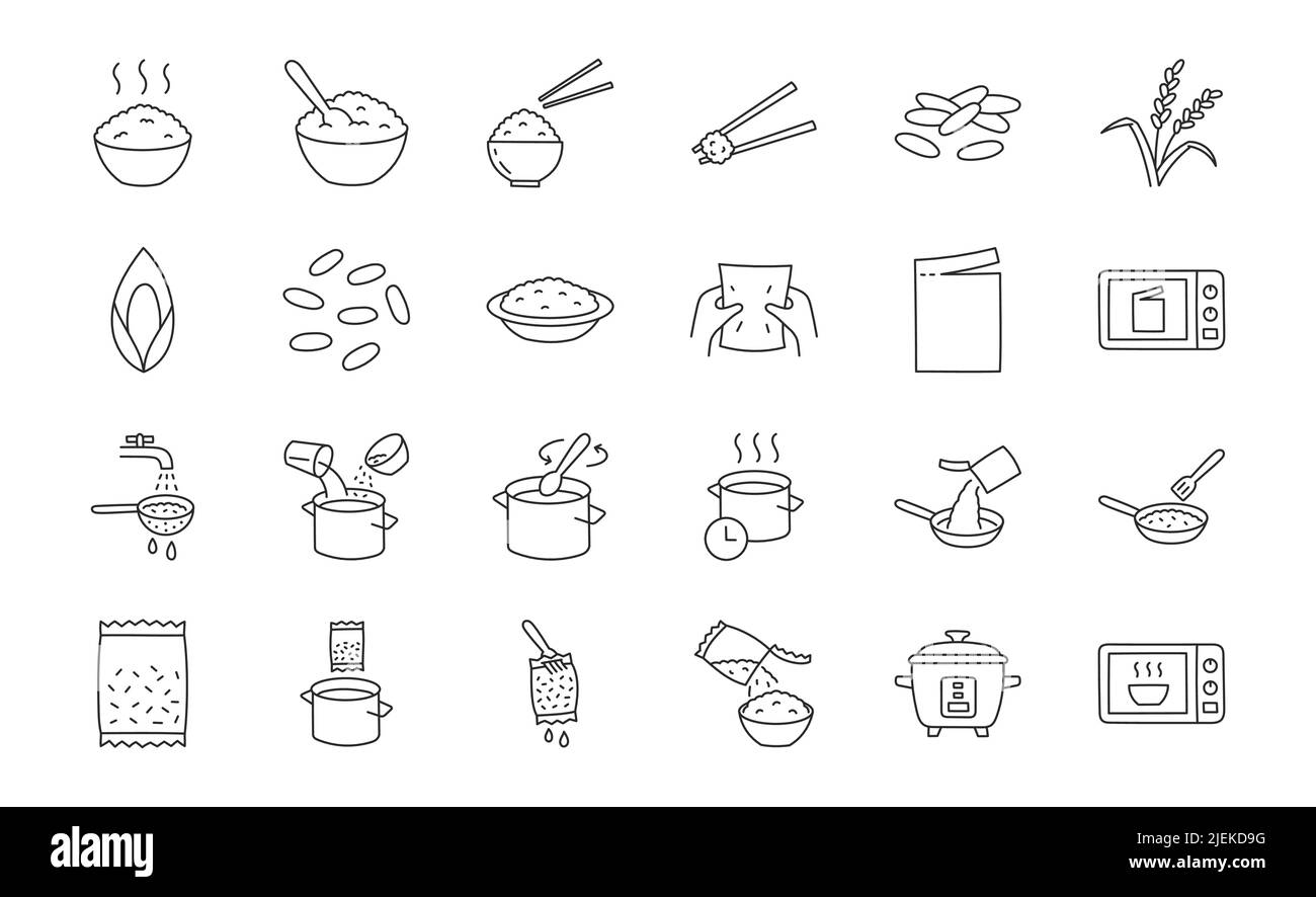 Illustration de l'assiette de riz avec icônes - bol, nourriture japonaise, baguettes, Squeeze, sac déchirable, casserole, cuillère, micro-ondes, passoire, pot à eau. Ligne fine a Illustration de Vecteur