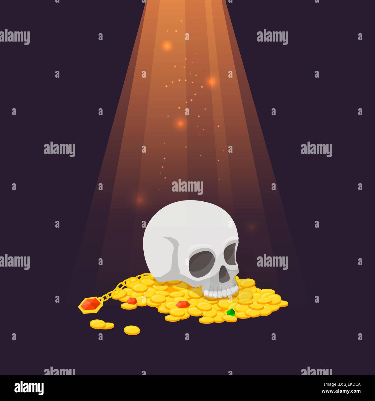 Crâne humain sur pile de pièces d'or. Trésor dans un rayon lumineux avec des lumières éclairant. Éléments de conception de jeu, richesse de vecteur d'aventure de dessin animé, argent d'or Illustration de Vecteur
