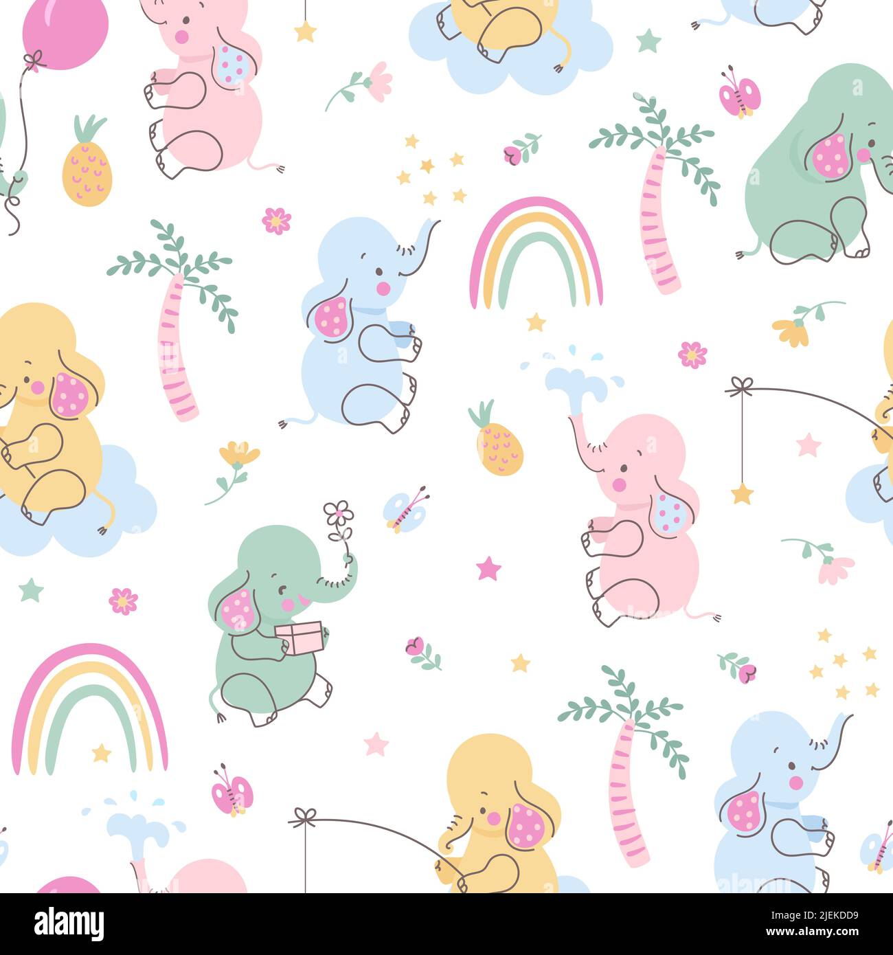 Motif éléphant sans couture pour enfant. Éléphants et papier peint de palmier. Mignon animaux drôle style scandinave pour bébé, enfant faune dessin vectoriel de nowaday Illustration de Vecteur