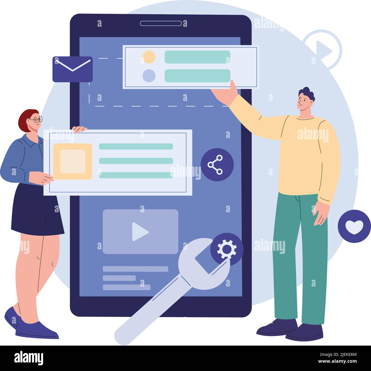 Développement d'applications mobiles. Construction de logiciels d'application, développeurs Web et programmation. Processus de service de mise à niveau du téléphone, caractères vectoriels kicky Illustration de Vecteur