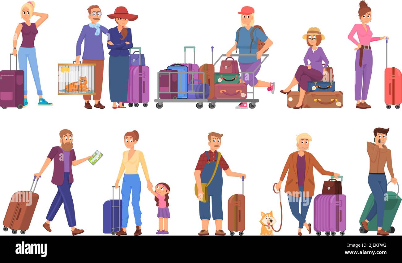 Personnages de touristes. Voyage touristique, jeune famille en visite ...