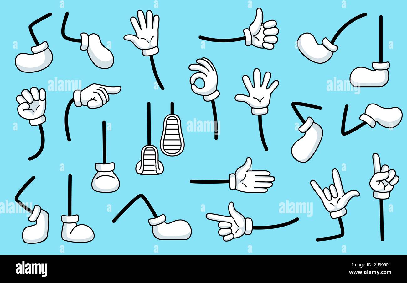 Jambes et bras comiques. Main pour les personnages de dessin animé, les expressions des parties du corps. Mouvements des pieds et des mains variations, éléments vectoriels vintage de garache Illustration de Vecteur