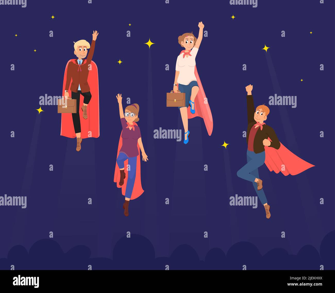 Le super-héros de l'entreprise volant. Super héros de la force de travail, hommes d'affaires adultes et femmes d'affaires en capes rouges. Leadership et puissant vecteur décent Illustration de Vecteur