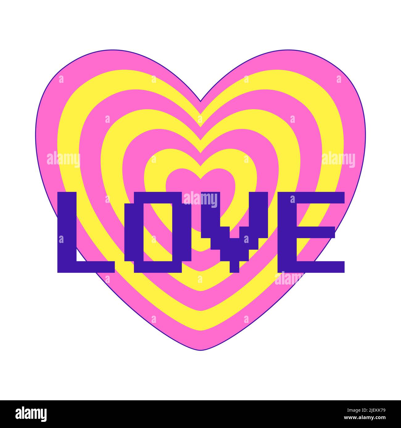 Sticker en Y2K style.Sticker en forme de coeur décalage avec le mot Amour. Police de pixels rétro. Nostalgie pour le 2000s. Simple vecteur plat Ill Illustration de Vecteur