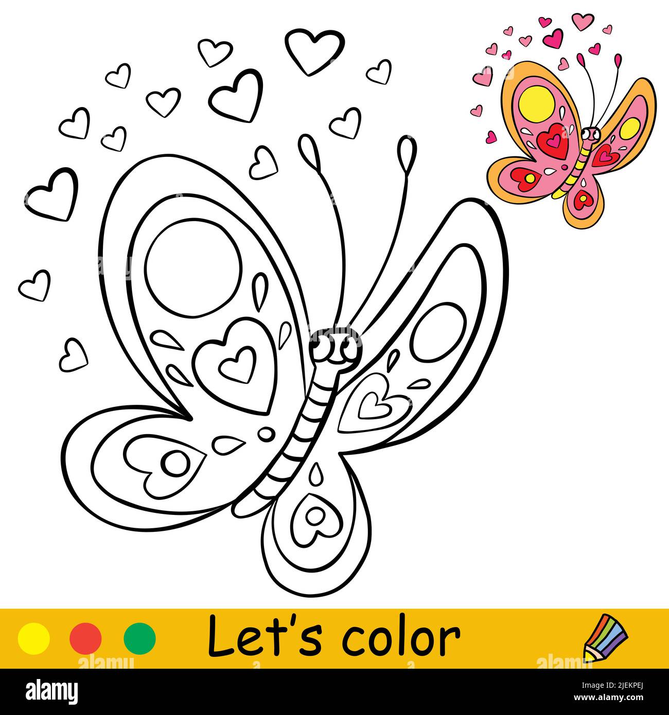 Dessin animé papillon mignon avec coeurs . Page de livre de coloriage avec modèle coloré pour les enfants. Illustration vectorielle isolée. Pour livre de coloriage, pr Illustration de Vecteur