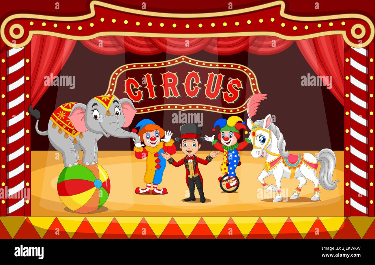 Des artistes de cirque sur l'arène de cirque avec clowns, tamères et animaux Illustration de Vecteur