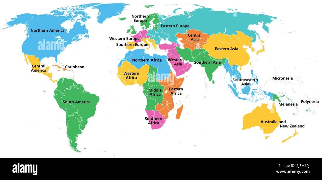 Sous-régions statistiques du monde, géochimie et carte politique. Système qui divise tous les pays et territoires du monde en groupes. Banque D'Images