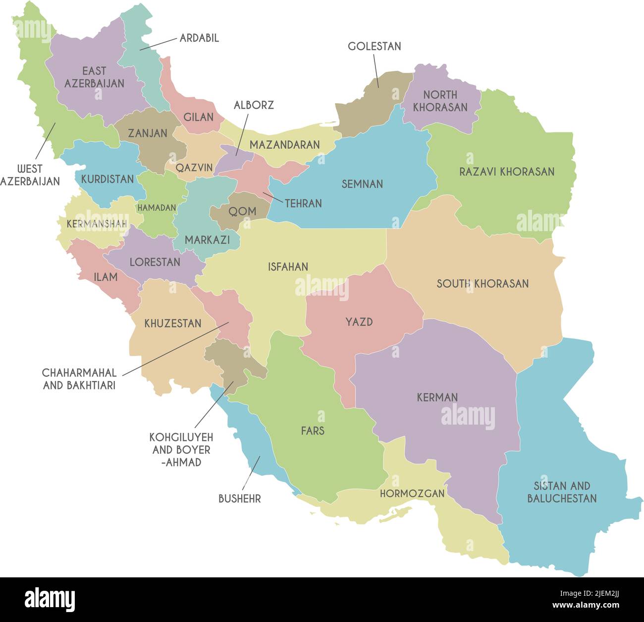 Carte vectorielle de l'Iran avec les provinces et les divisions administratives. Calques modifiables et clairement étiquetés. Illustration de Vecteur